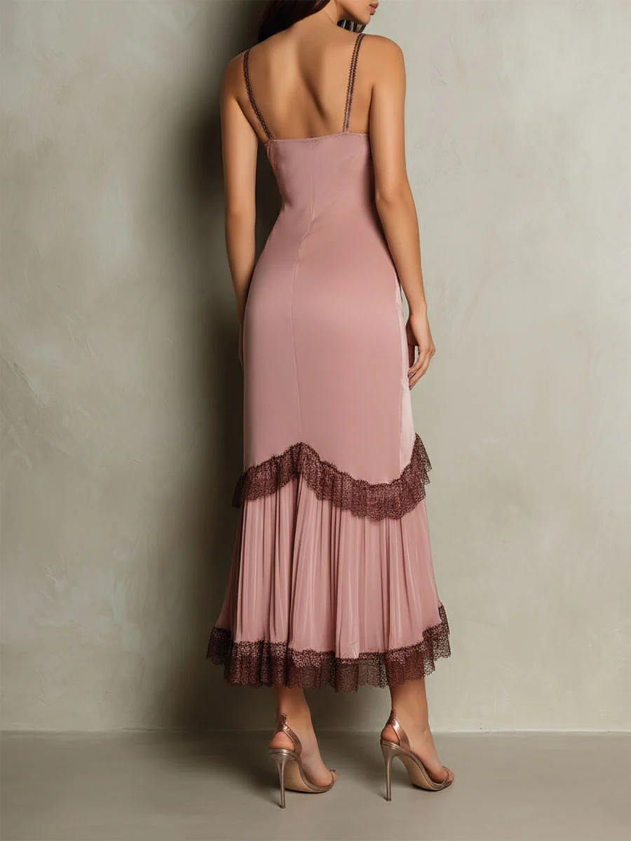 Elegant Blush Satin Lace-Trim Slip Midi Dress With Asymmetric Hem - Image 6