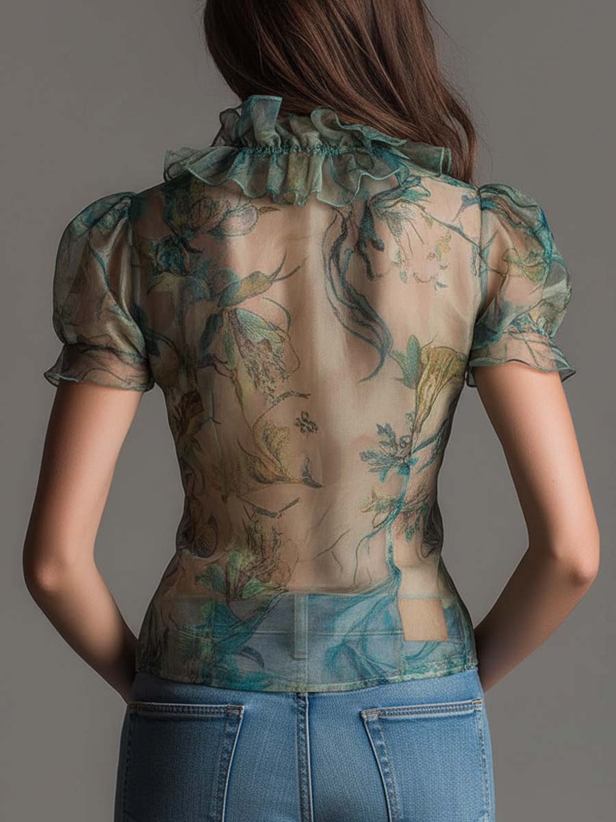 Elegant Boho Ruffled Sheer Floral Chiffon Top - Image 4
