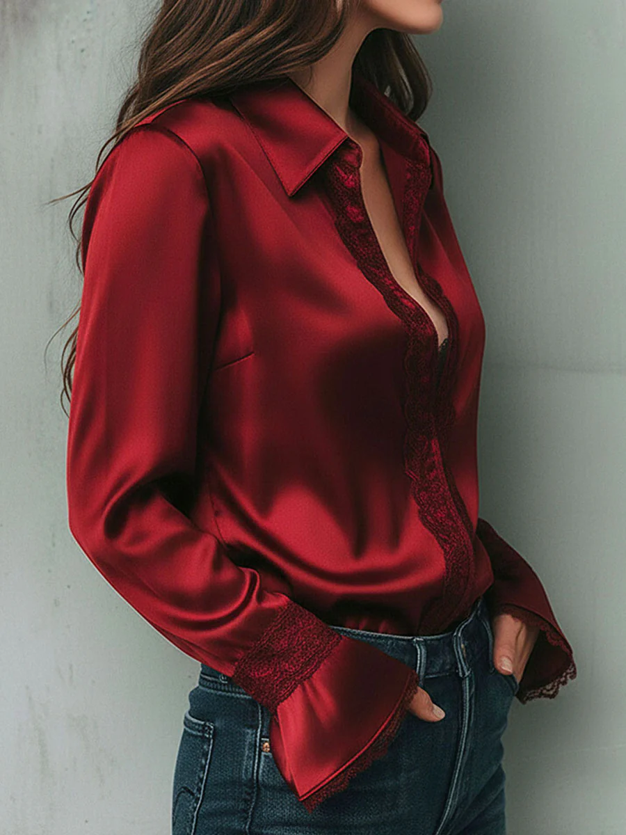 Elegant Burgundy Lace Trim Satin Blouse With Flared Cuffs - Image 3