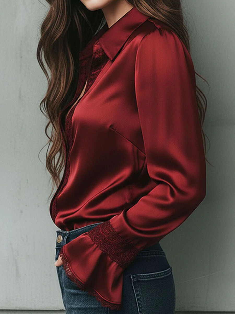 Elegant Burgundy Lace Trim Satin Blouse With Flared Cuffs - Image 4