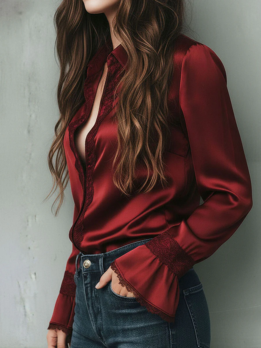 Elegant Burgundy Lace Trim Satin Blouse With Flared Cuffs - Image 5
