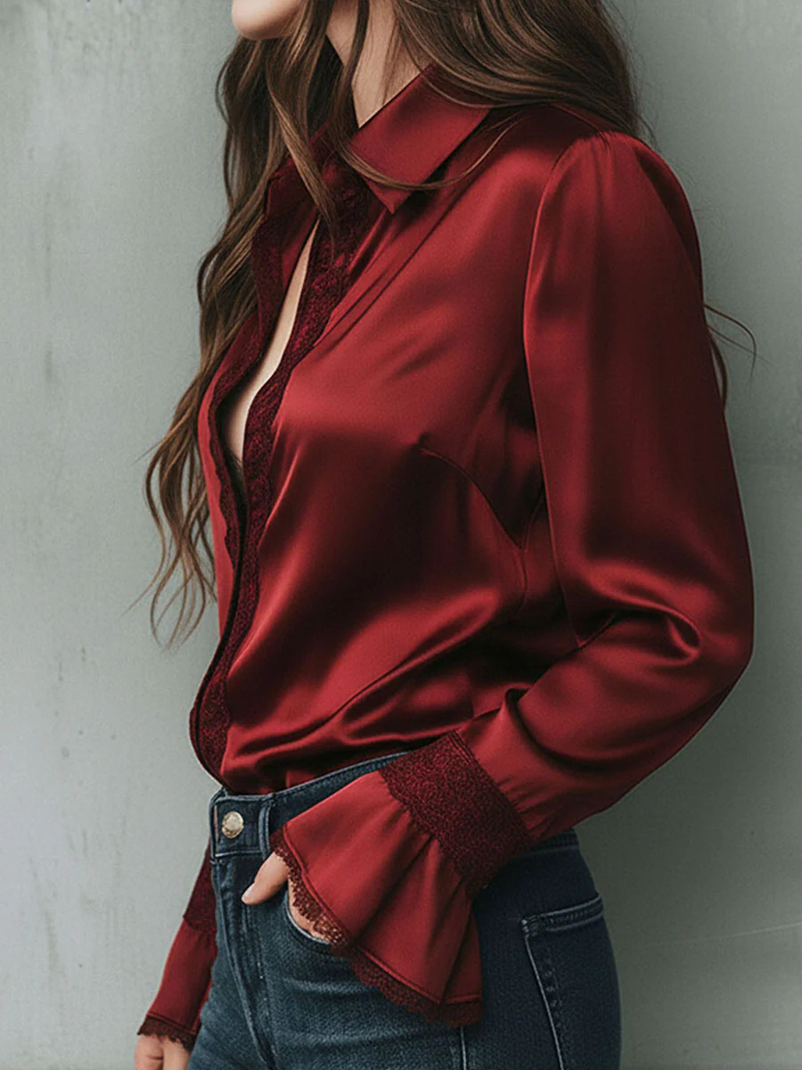 Elegant Burgundy Lace Trim Satin Blouse With Flared Cuffs - Image 6