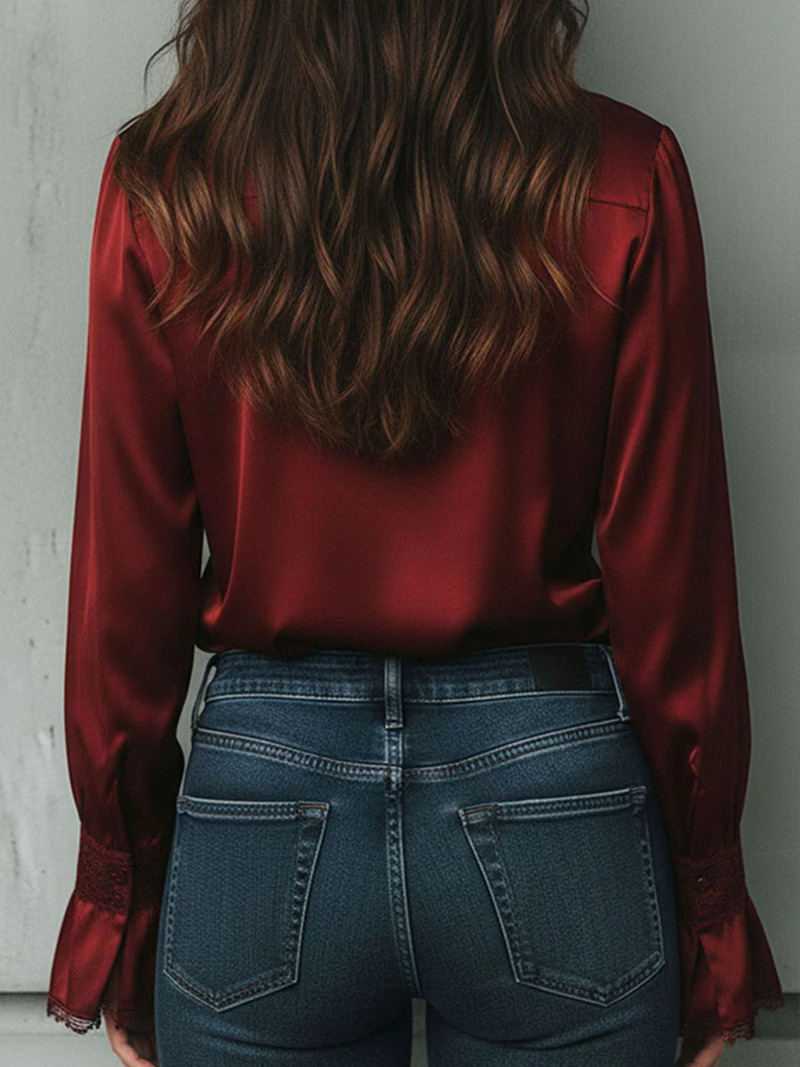 Elegant Burgundy Lace Trim Satin Blouse With Flared Cuffs - Image 7