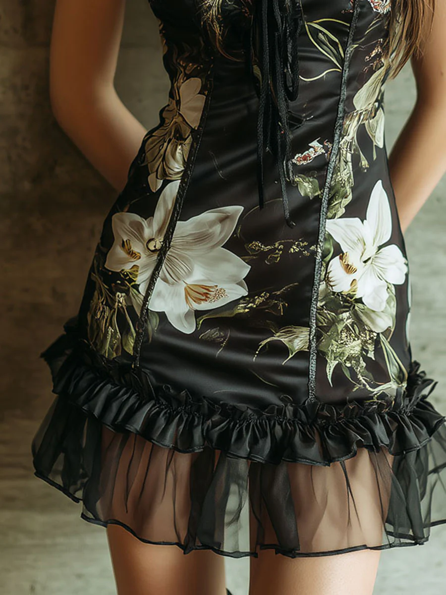 Elegant Floral Print Ruffled Satin Mini Dress - Image 2
