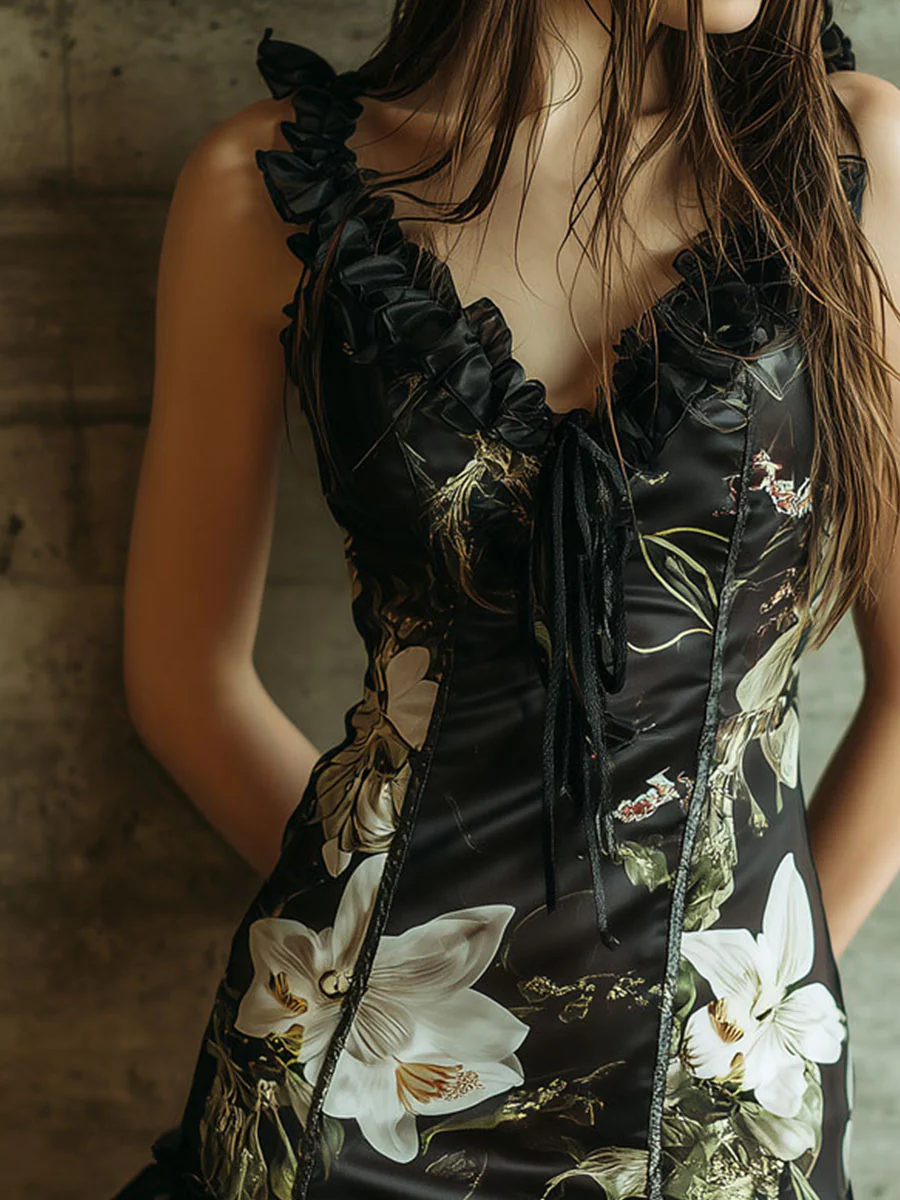 Elegant Floral Print Ruffled Satin Mini Dress - Image 3