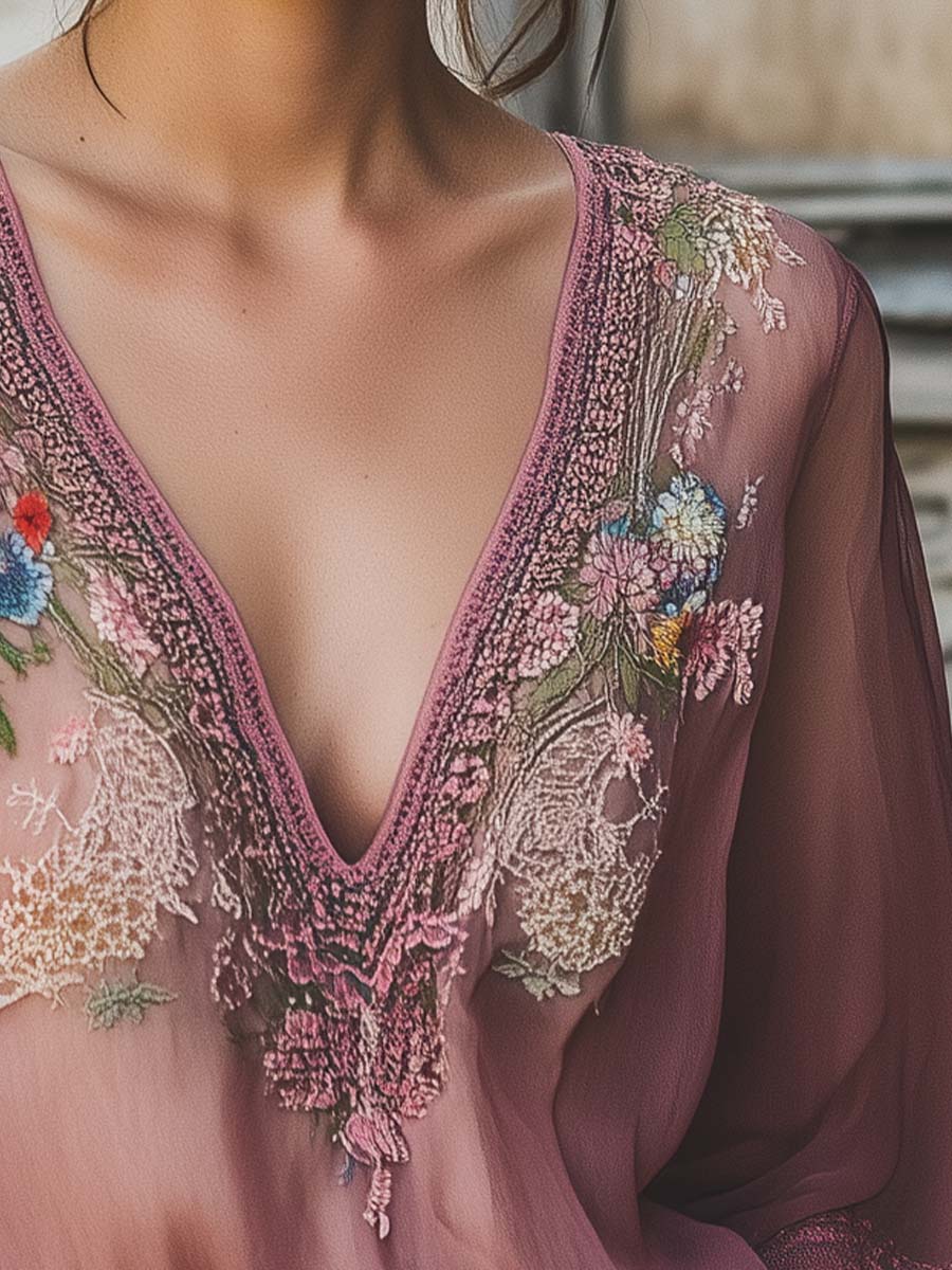 Elegant Gray Purple Floral Embroidery Half Sleeve Chiffon Shirt - Image 3