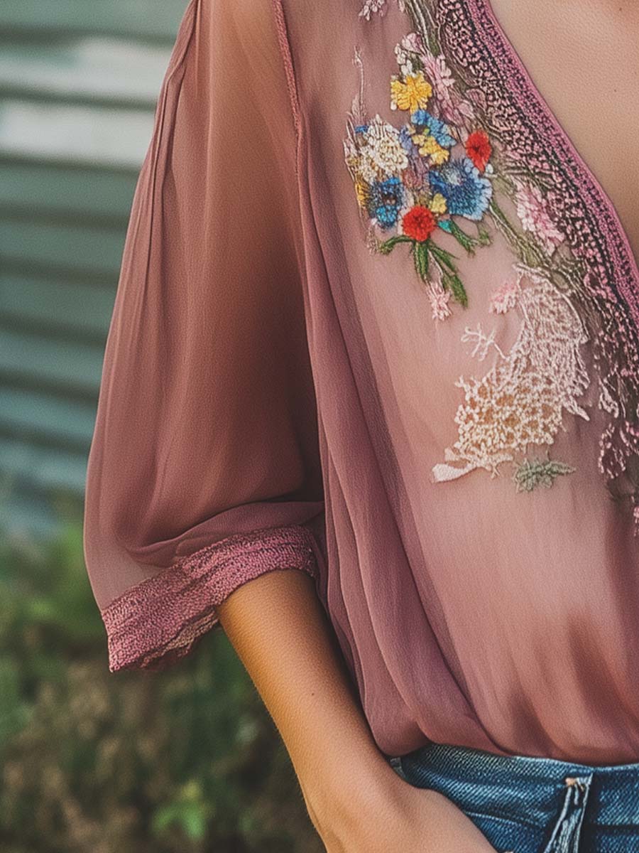 Elegant Gray Purple Floral Embroidery Half Sleeve Chiffon Shirt - Image 4