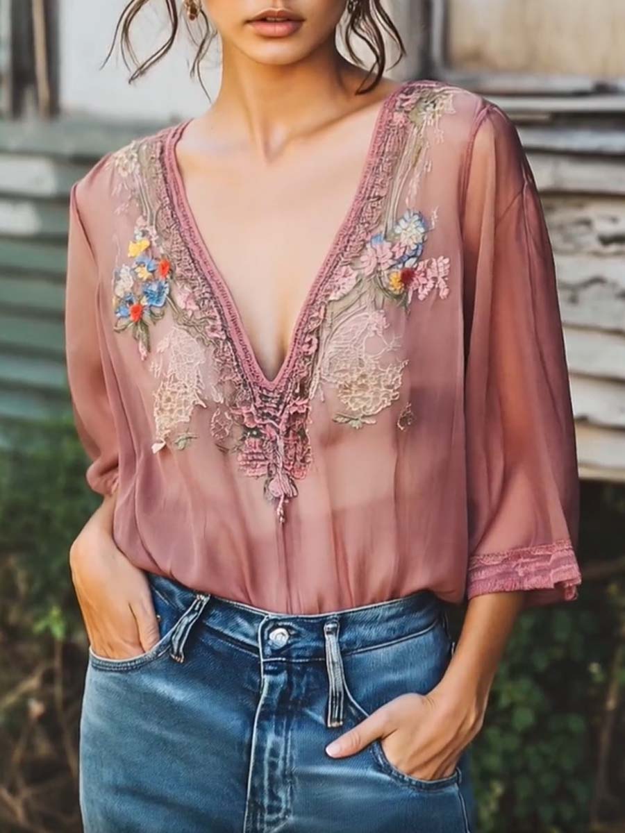 Elegant Gray Purple Floral Embroidery Half Sleeve Chiffon Shirt - Image 5