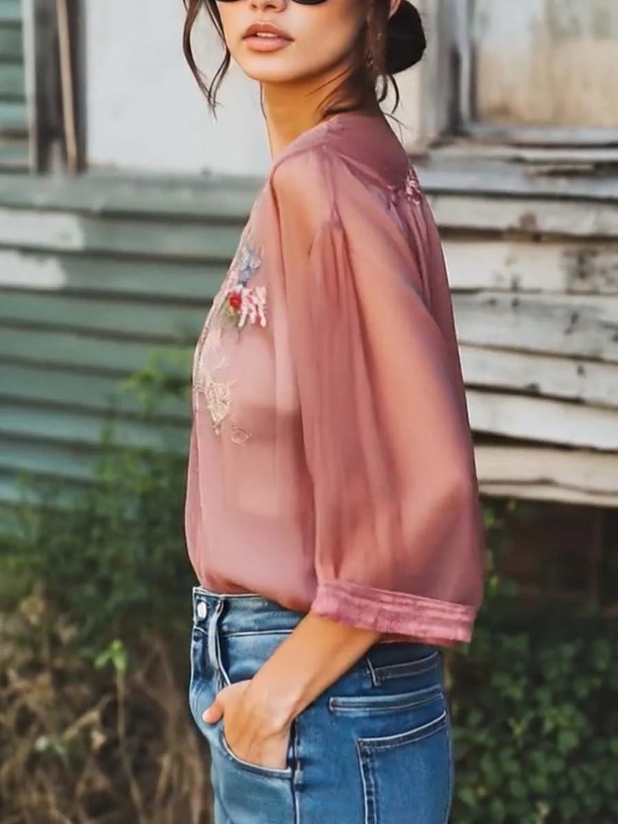 Elegant Gray Purple Floral Embroidery Half Sleeve Chiffon Shirt - Image 6