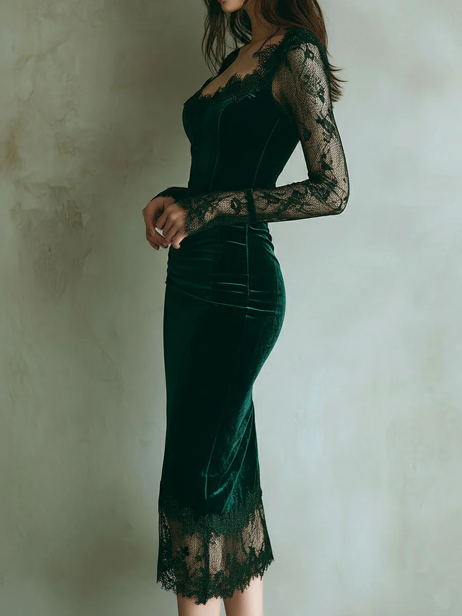 Elegant Green Velvet Long Sleeve Lace Midi Dress - Image 3