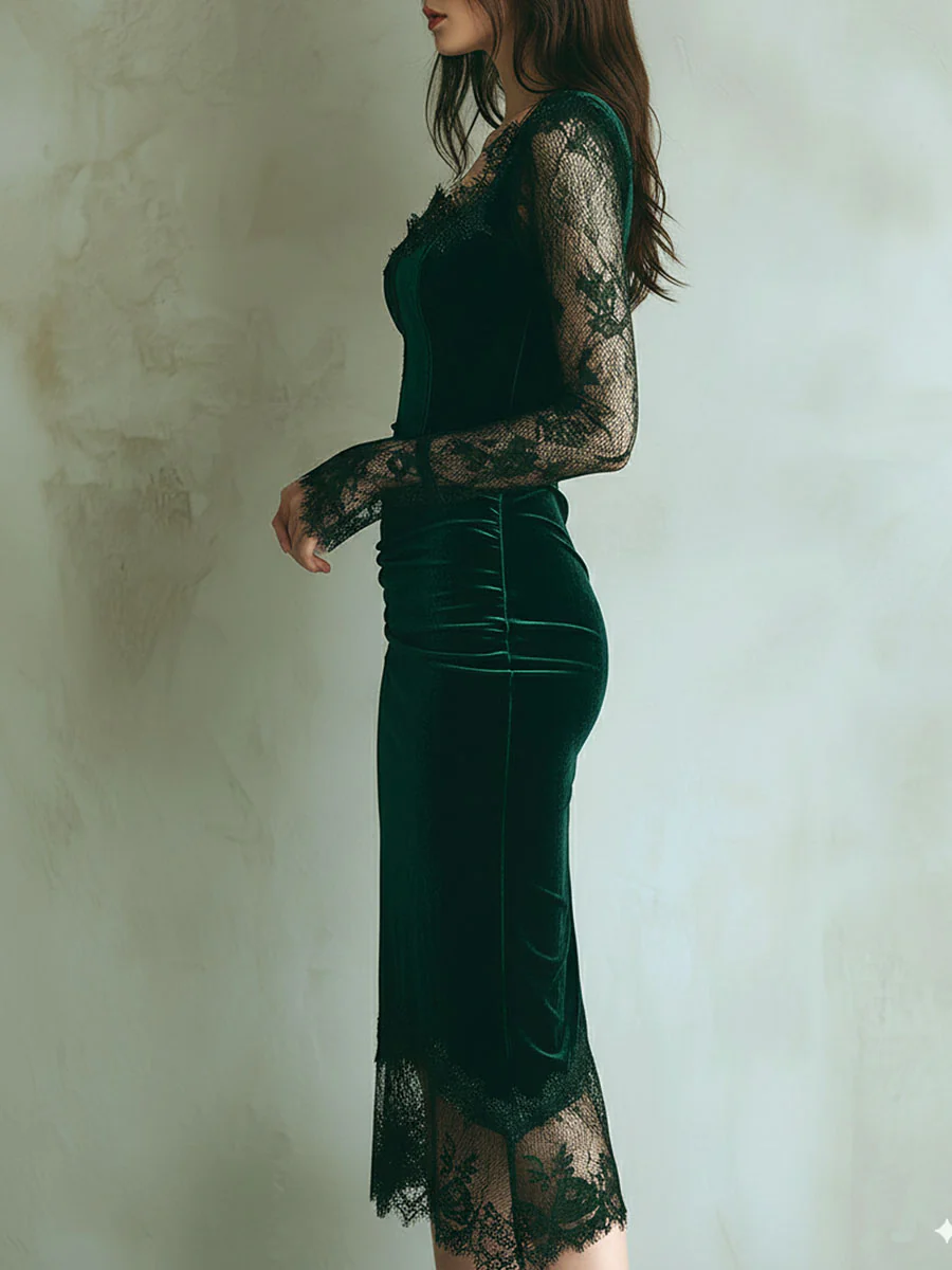 Elegant Green Velvet Long Sleeve Lace Midi Dress - Image 4