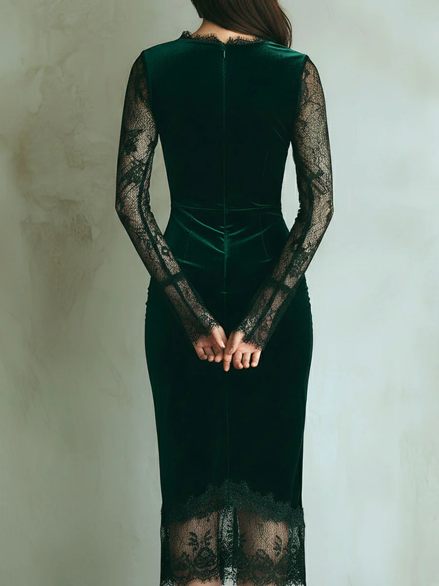 Elegant Green Velvet Long Sleeve Lace Midi Dress - Image 5