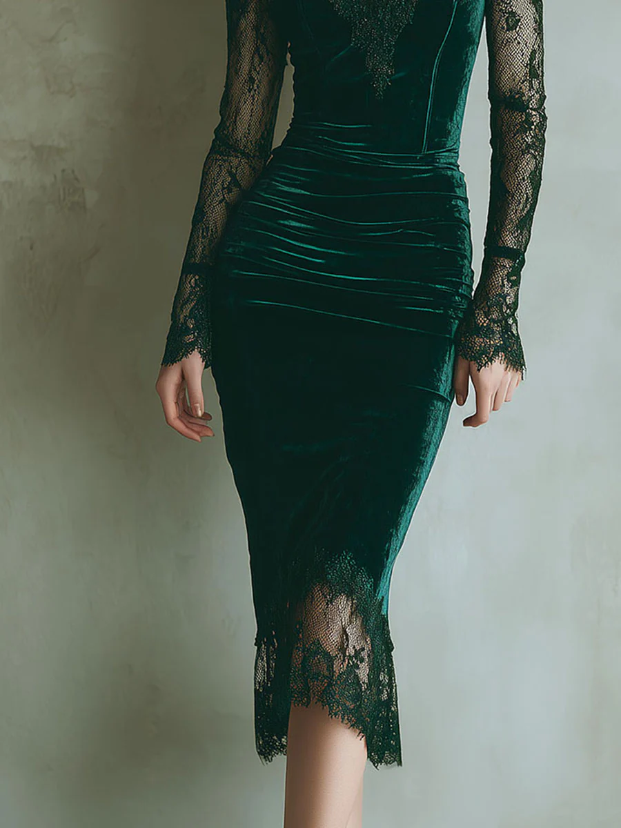 Elegant Green Velvet Long Sleeve Lace Midi Dress - Image 6