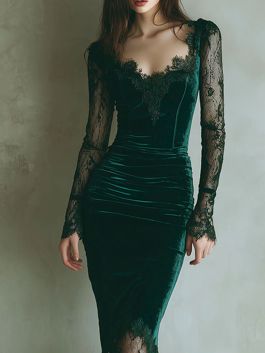Elegant Green Velvet Long Sleeve Lace Midi Dress - Image 7