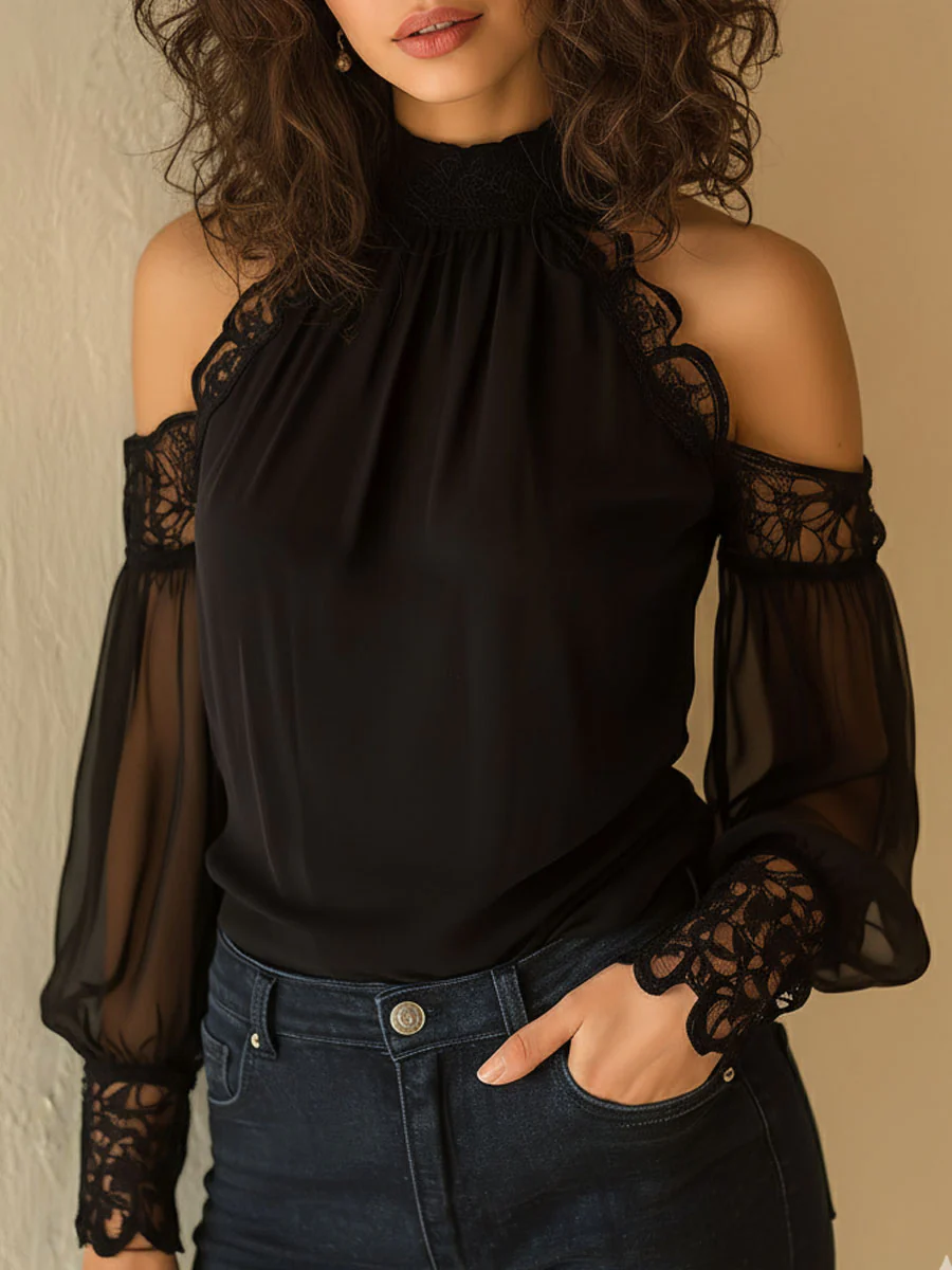 Elegant High Neck Black Chiffon Lace Cold-Shoulder Blouse - Image 2