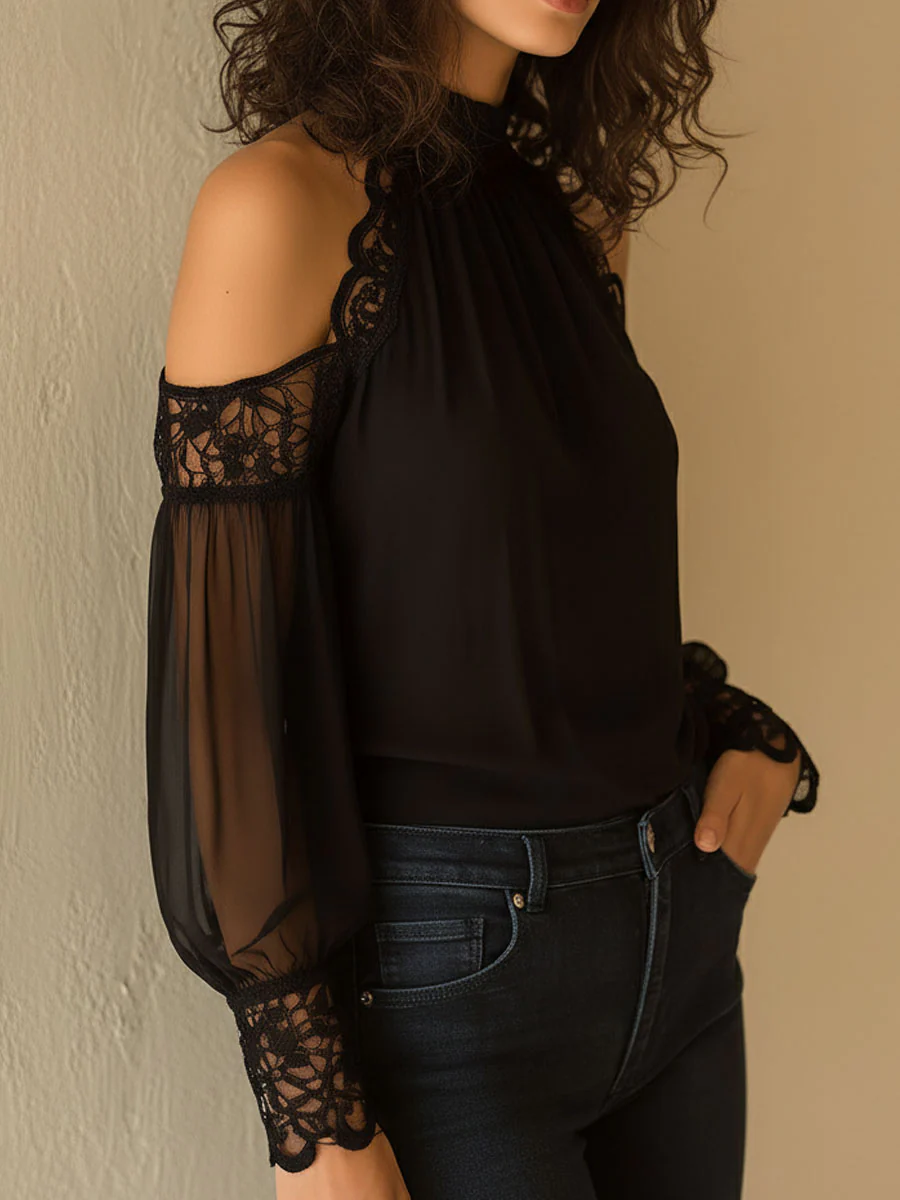 Elegant High Neck Black Chiffon Lace Cold-Shoulder Blouse - Image 3