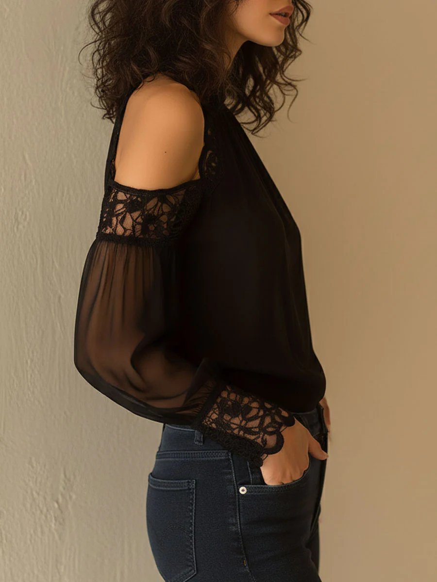 Elegant High Neck Black Chiffon Lace Cold-Shoulder Blouse - Image 4