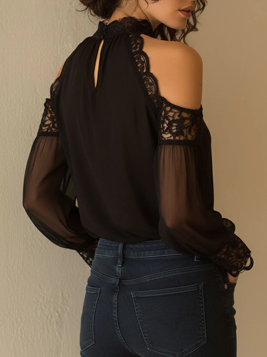 Elegant High Neck Black Chiffon Lace Cold-Shoulder Blouse - Image 5