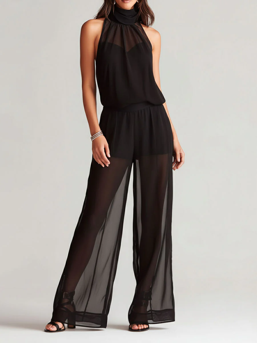 Elegant High Neck Semi-Sheer Black Halter Wide-Leg Jumpsuit - Image 3