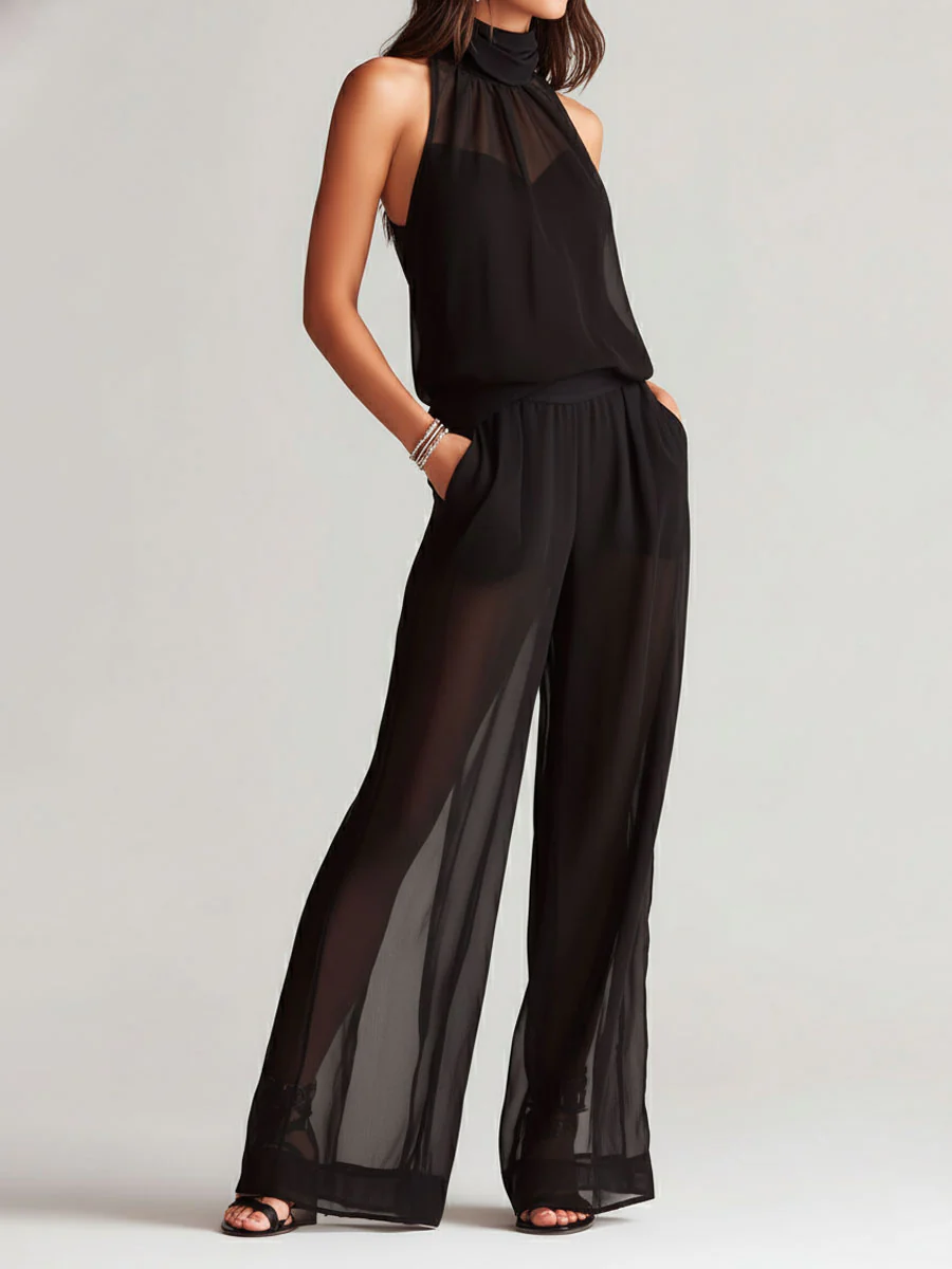 Elegant High Neck Semi-Sheer Black Halter Wide-Leg Jumpsuit - Image 4