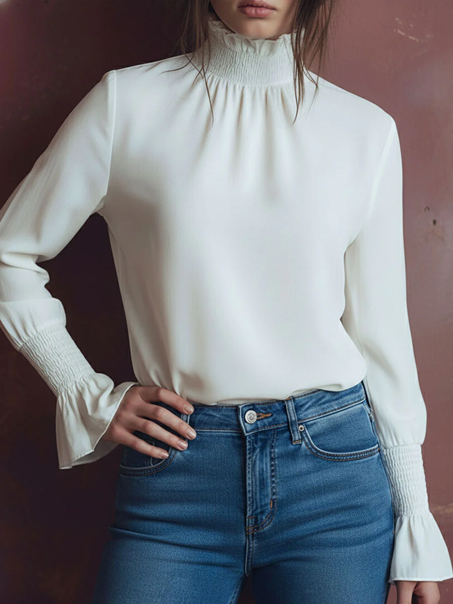Elegant High Neck White Blouse With Smocked Cuffs And Ruffle Details - Image 2