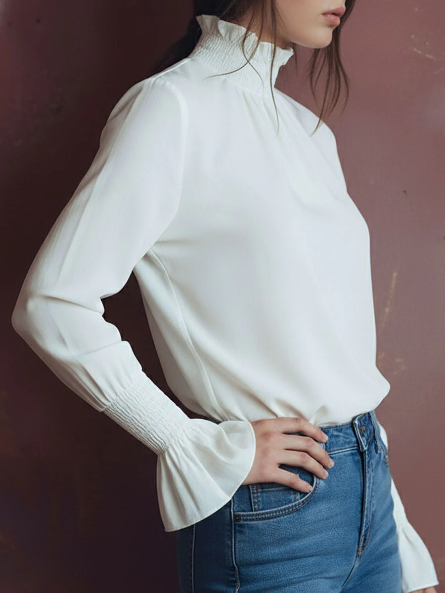 Elegant High Neck White Blouse With Smocked Cuffs And Ruffle Details - Image 3