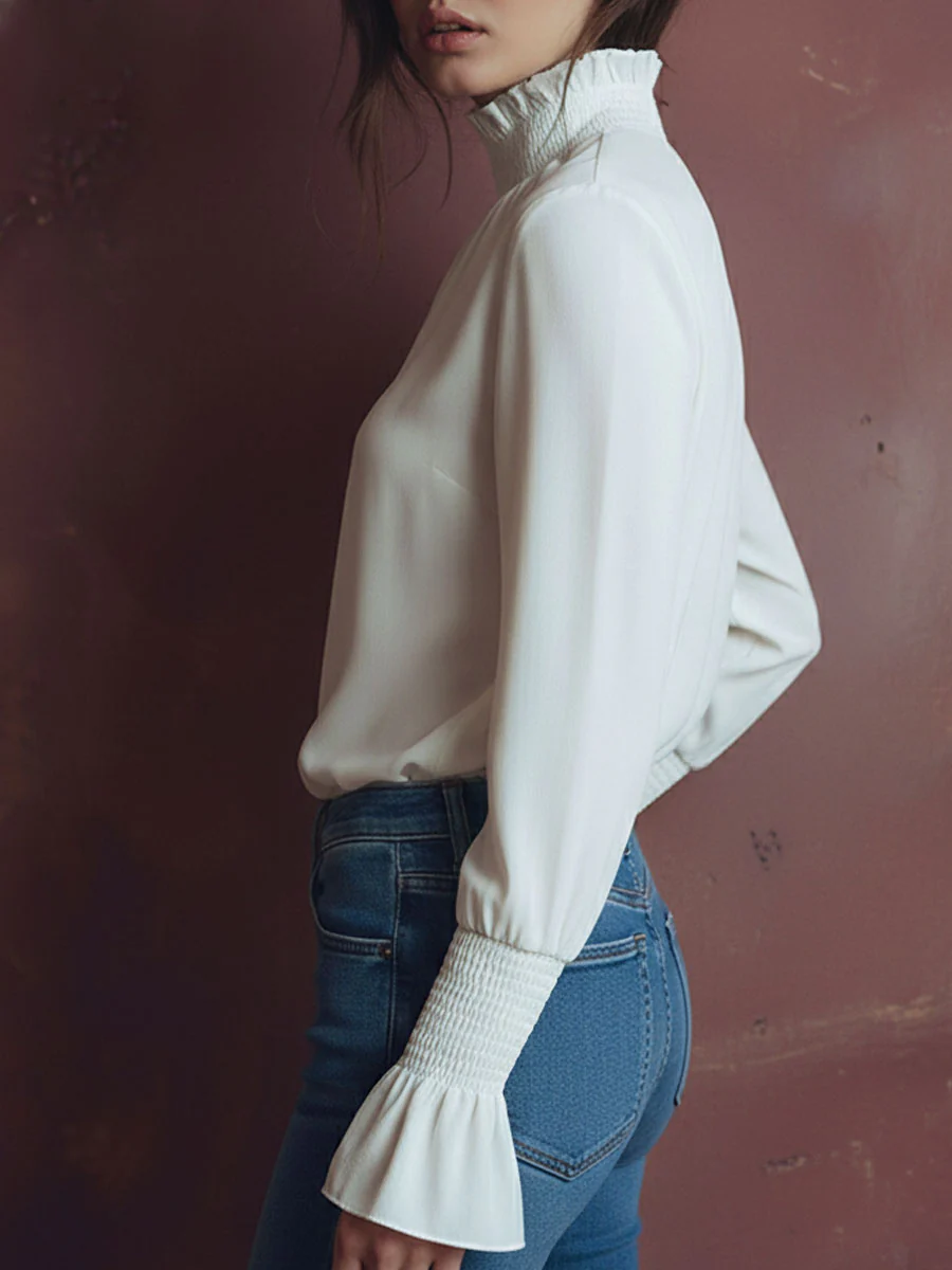 Elegant High Neck White Blouse With Smocked Cuffs And Ruffle Details - Image 4