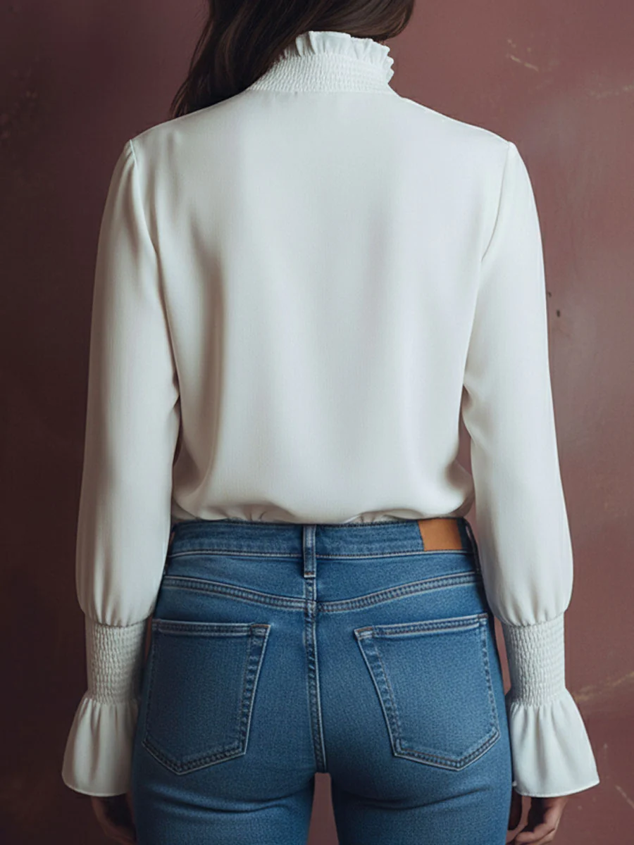 Elegant High Neck White Blouse With Smocked Cuffs And Ruffle Details - Image 5