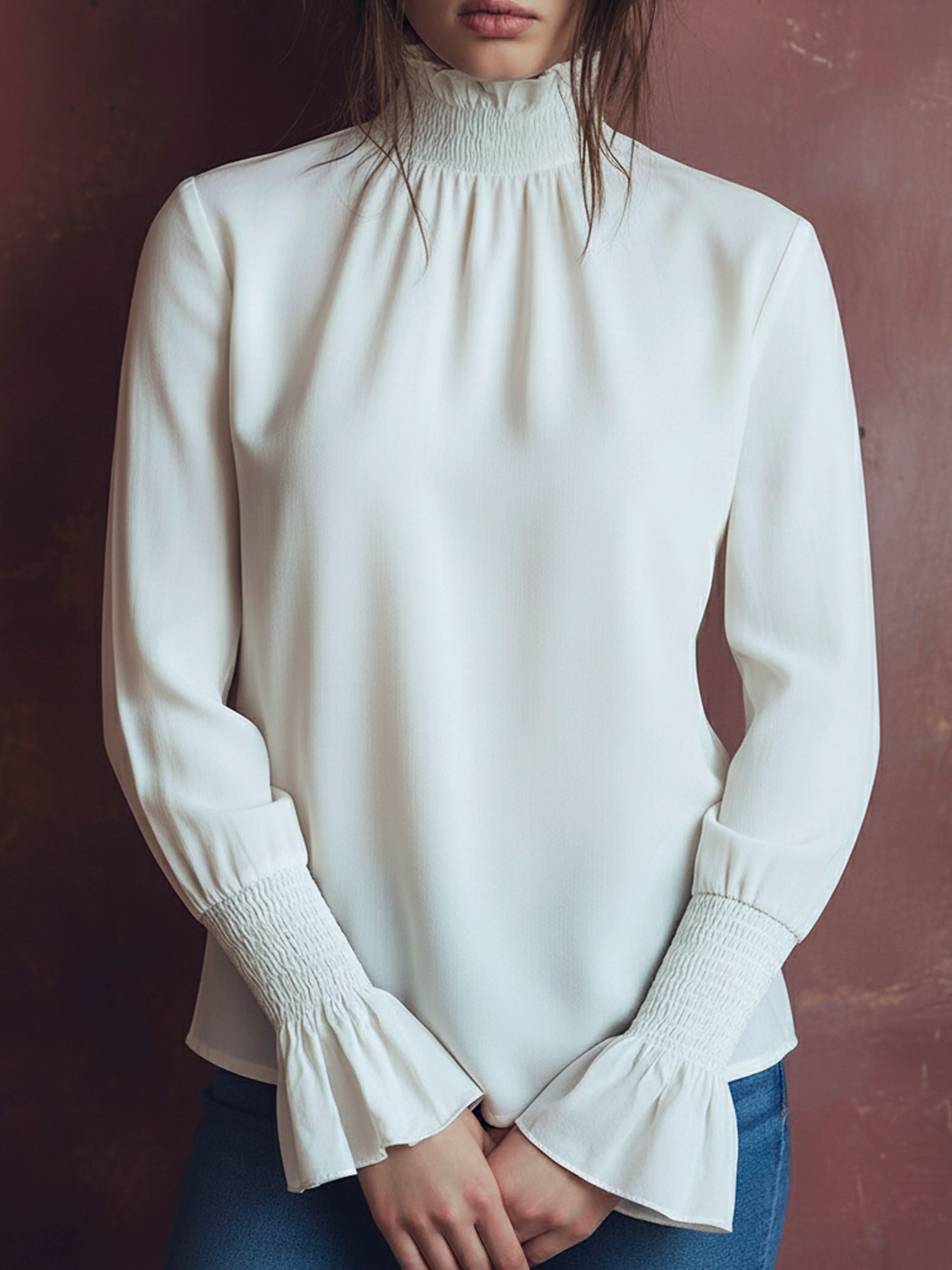Elegant High Neck White Blouse With Smocked Cuffs And Ruffle Details - Image 6