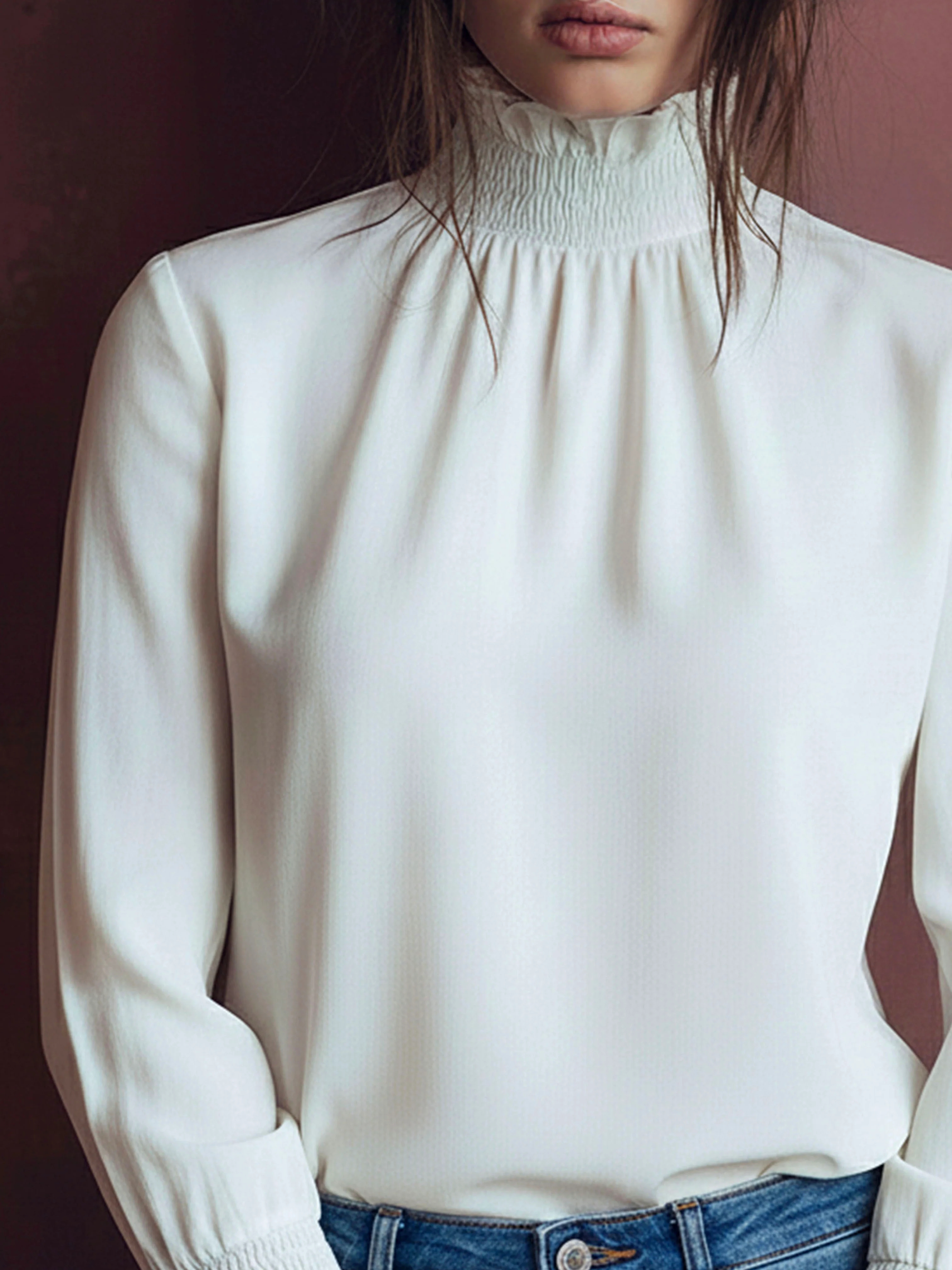 Elegant High Neck White Blouse With Smocked Cuffs And Ruffle Details - Image 7