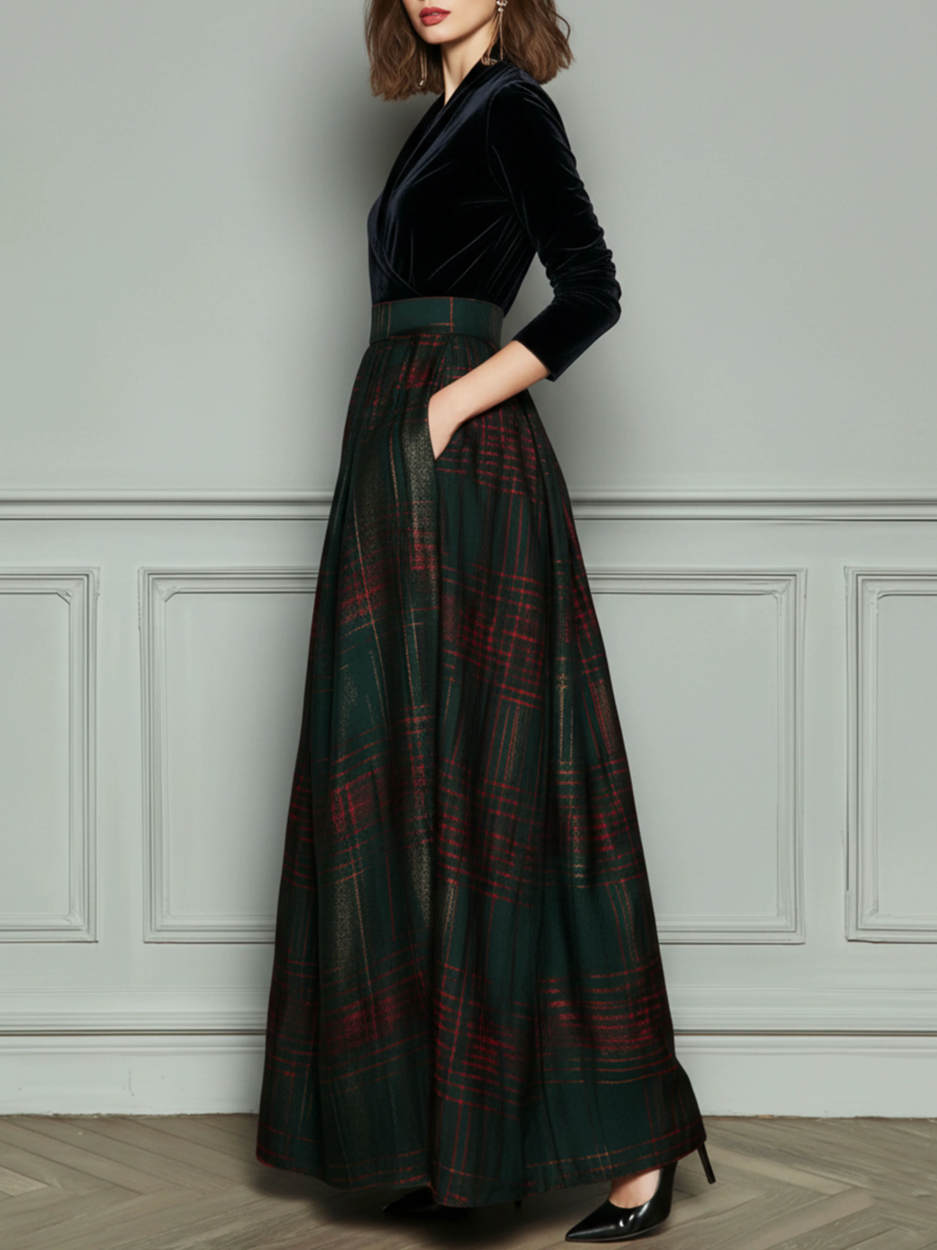 Elegant High Waist Velvet And Plaid Evening Gown With Full Skirt - Image 3