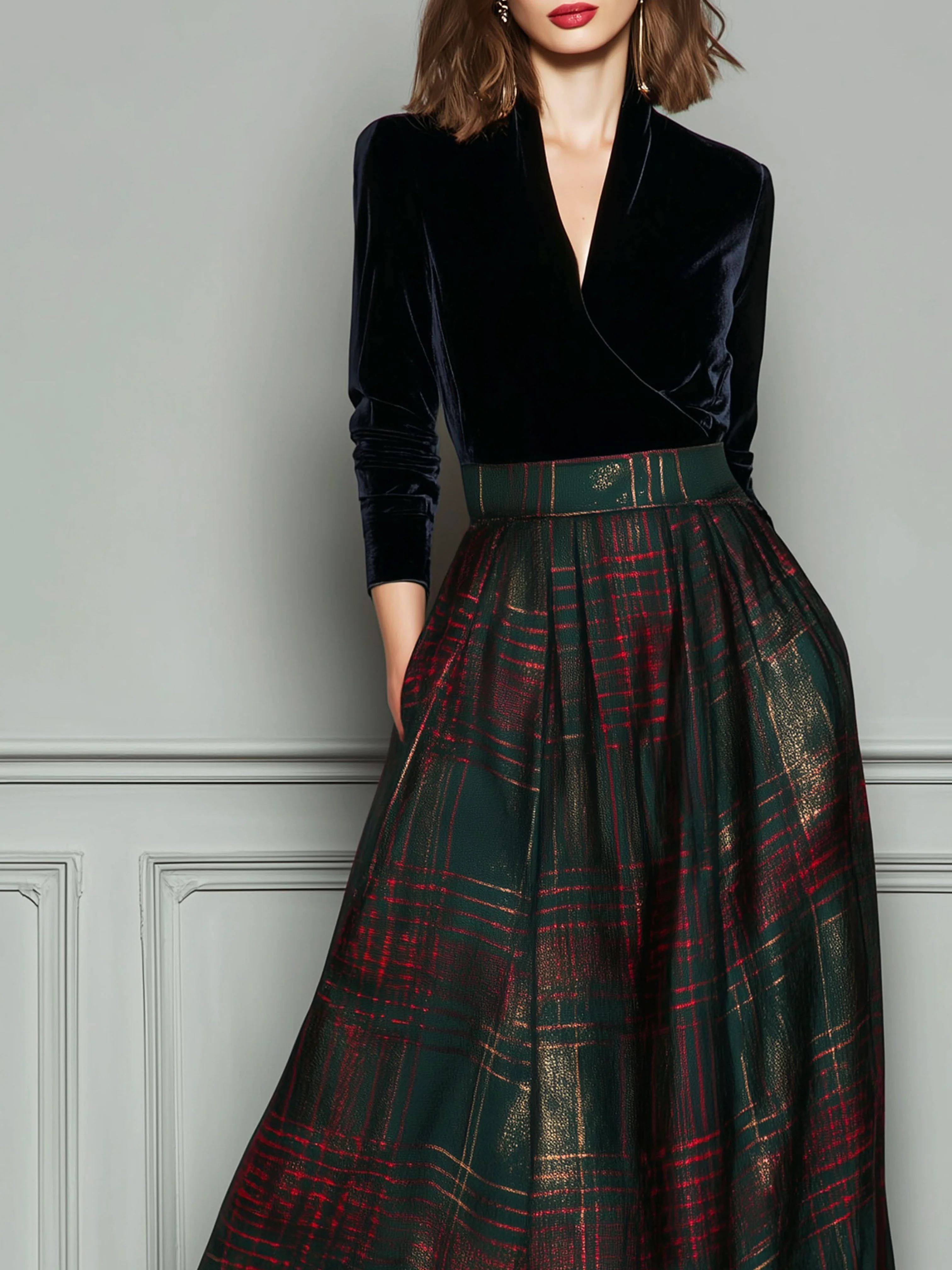 Elegant High Waist Velvet And Plaid Evening Gown With Full Skirt - Image 6