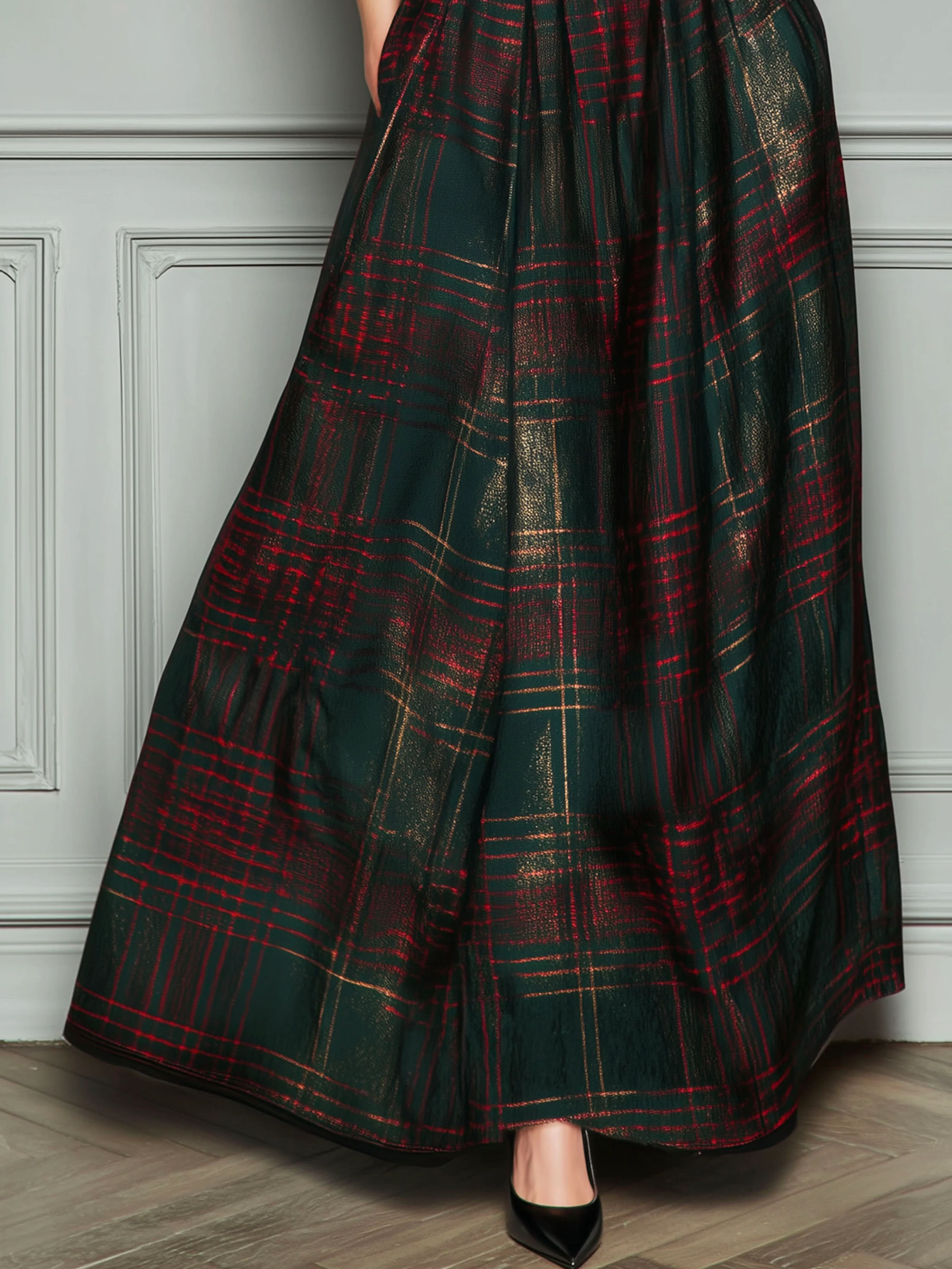 Elegant High Waist Velvet And Plaid Evening Gown With Full Skirt - Image 7