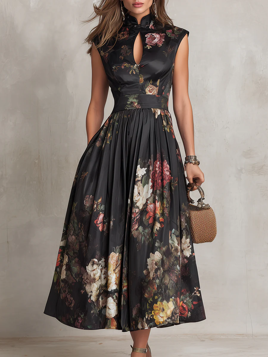 Elegant Keyhole Collar Pleated Satin Midi Dress - Image 3