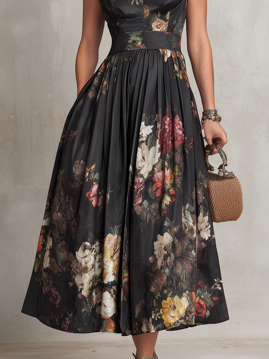 Elegant Keyhole Collar Pleated Satin Midi Dress - Image 4