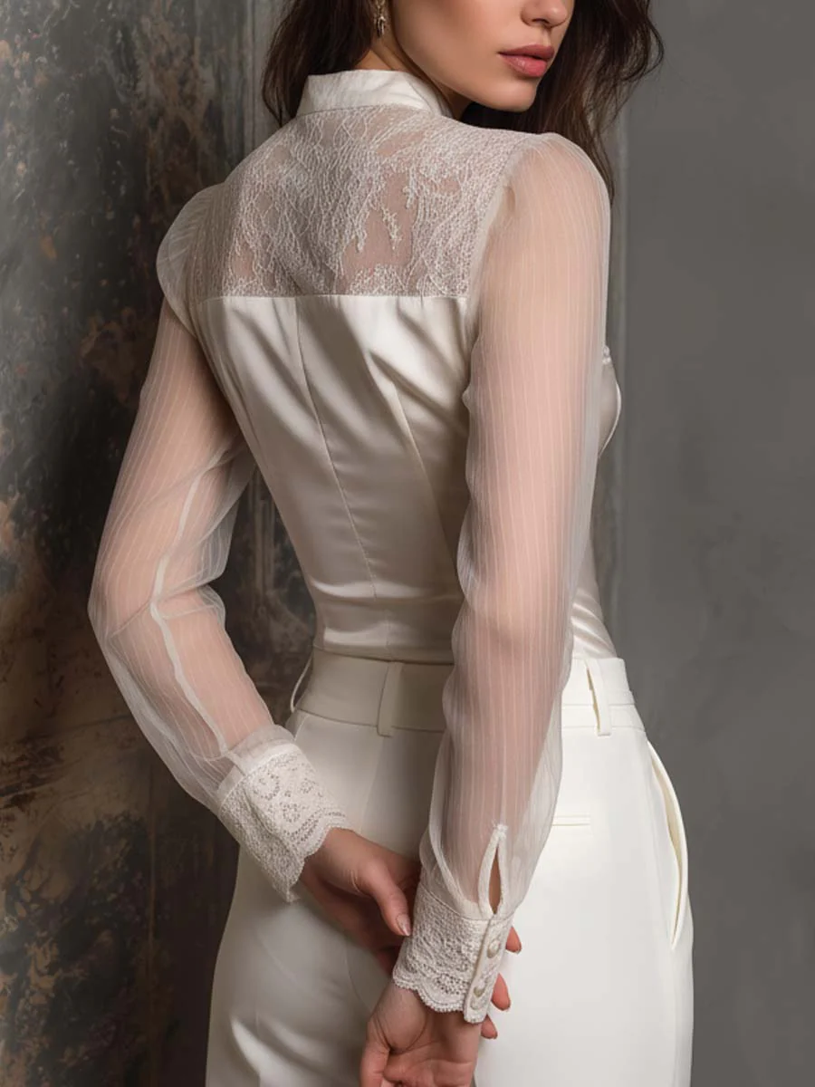 Elegant Lace-Panel Satin Blouse With Sheer Sleeves - Image 4
