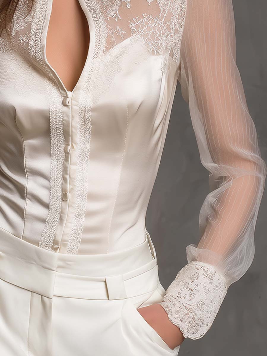 Elegant Lace-Panel Satin Blouse With Sheer Sleeves - Image 6