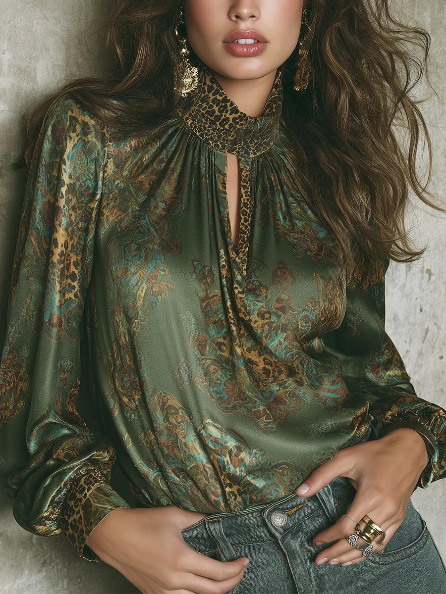 Elegant Leopard Print Satin Blouse With Keyhole Neckline