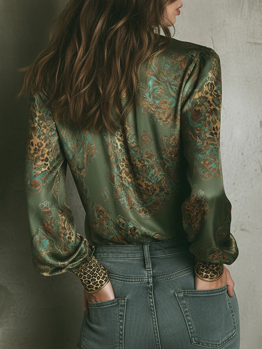 Elegant Leopard Print Satin Blouse With Keyhole Neckline - Image 2