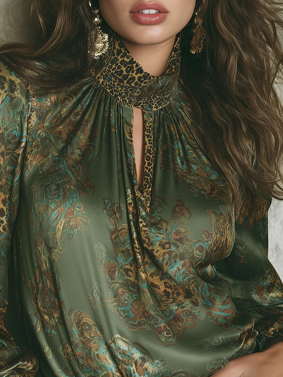 Elegant Leopard Print Satin Blouse With Keyhole Neckline - Image 3