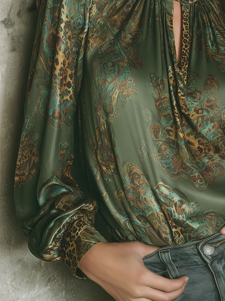Elegant Leopard Print Satin Blouse With Keyhole Neckline - Image 4