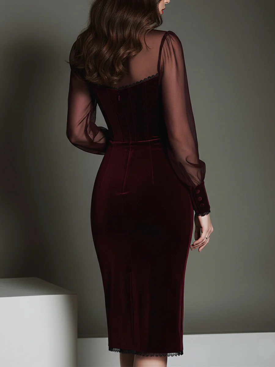 Elegant Mesh Polyester Velvet Stitching Sweetheart Neckline Slim Midi Dress - Image 3