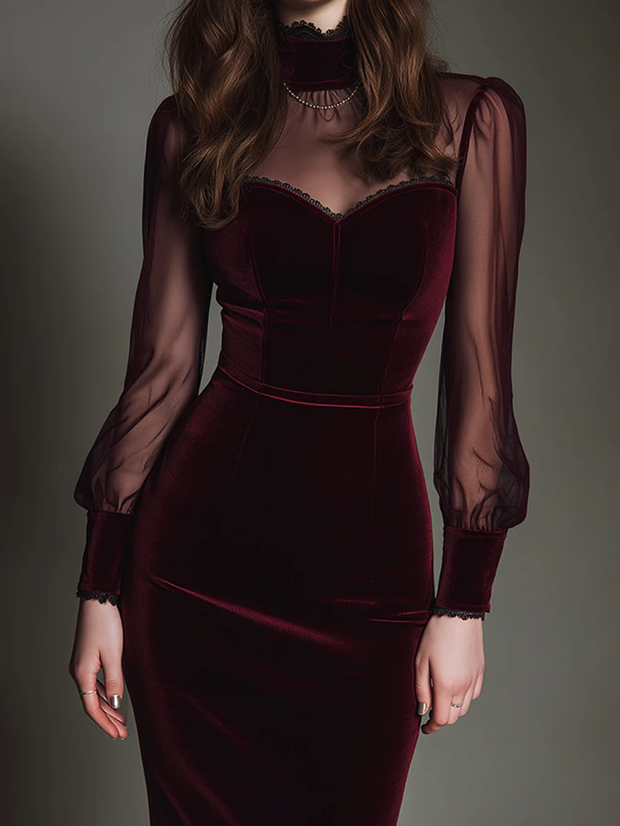 Elegant Mesh Polyester Velvet Stitching Sweetheart Neckline Slim Midi Dress - Image 4