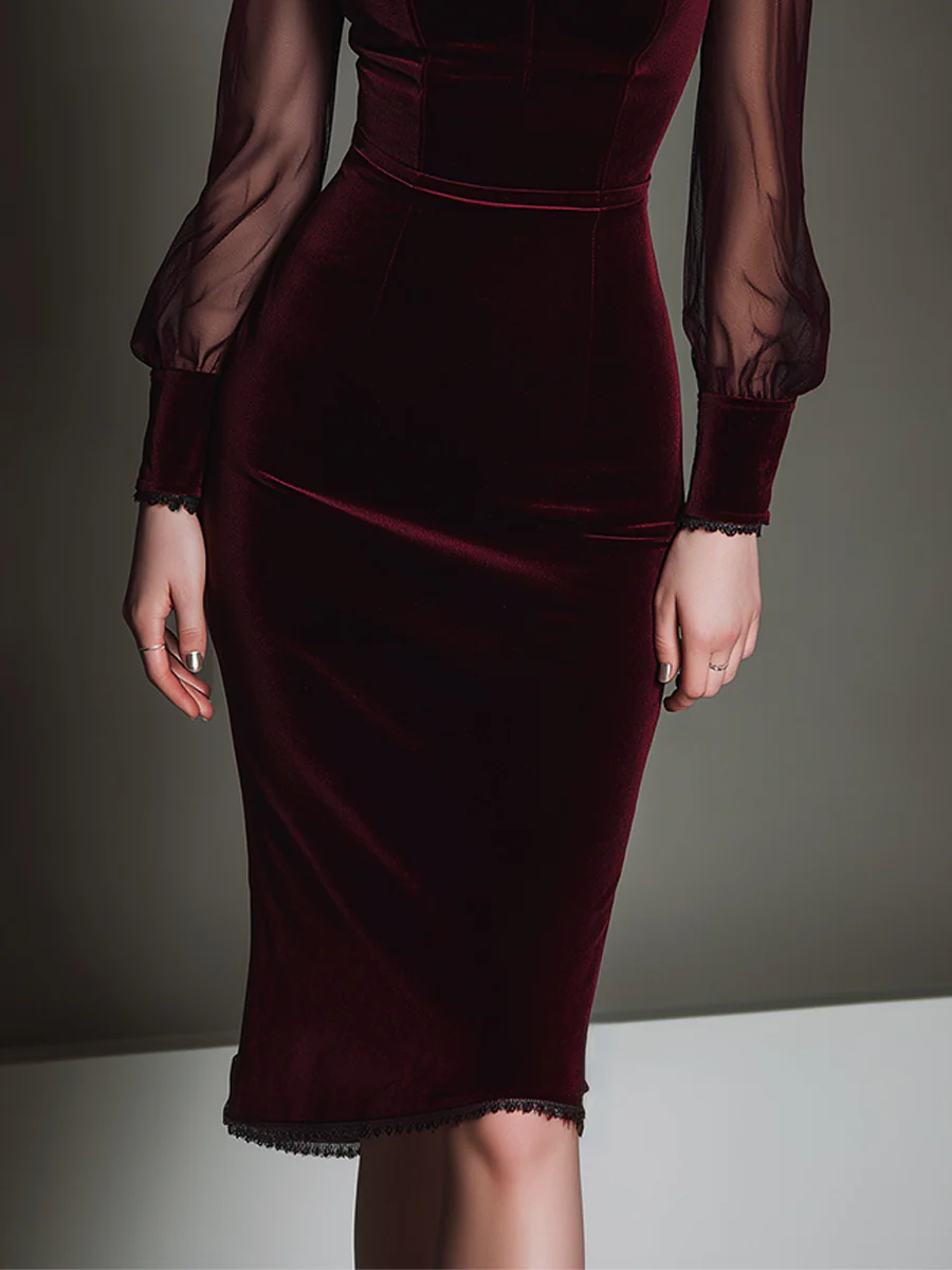 Elegant Mesh Polyester Velvet Stitching Sweetheart Neckline Slim Midi Dress - Image 5