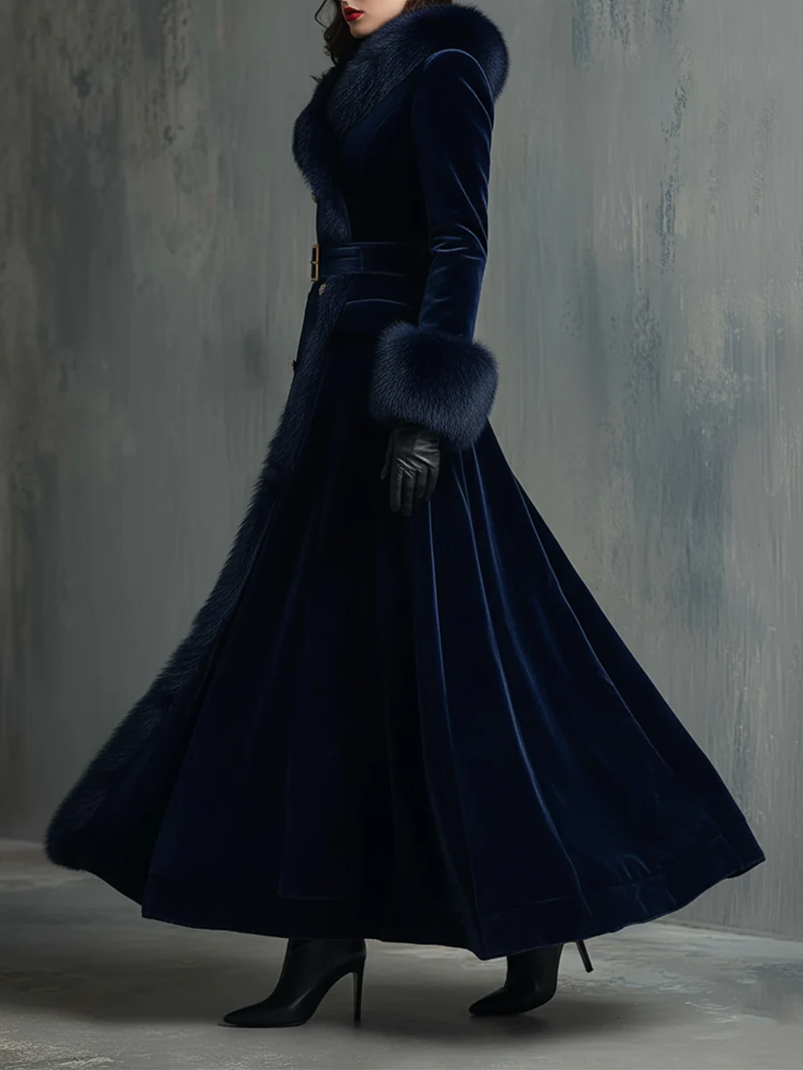 Elegant Mid-length Velvet Coat With Faux Fur Collar - Image 2