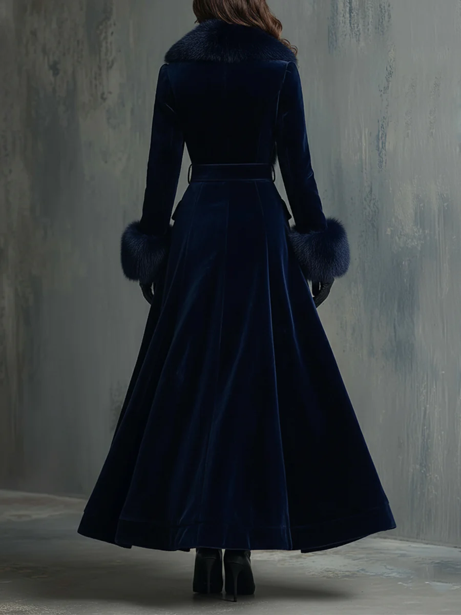 Elegant Mid-length Velvet Coat With Faux Fur Collar - Image 3