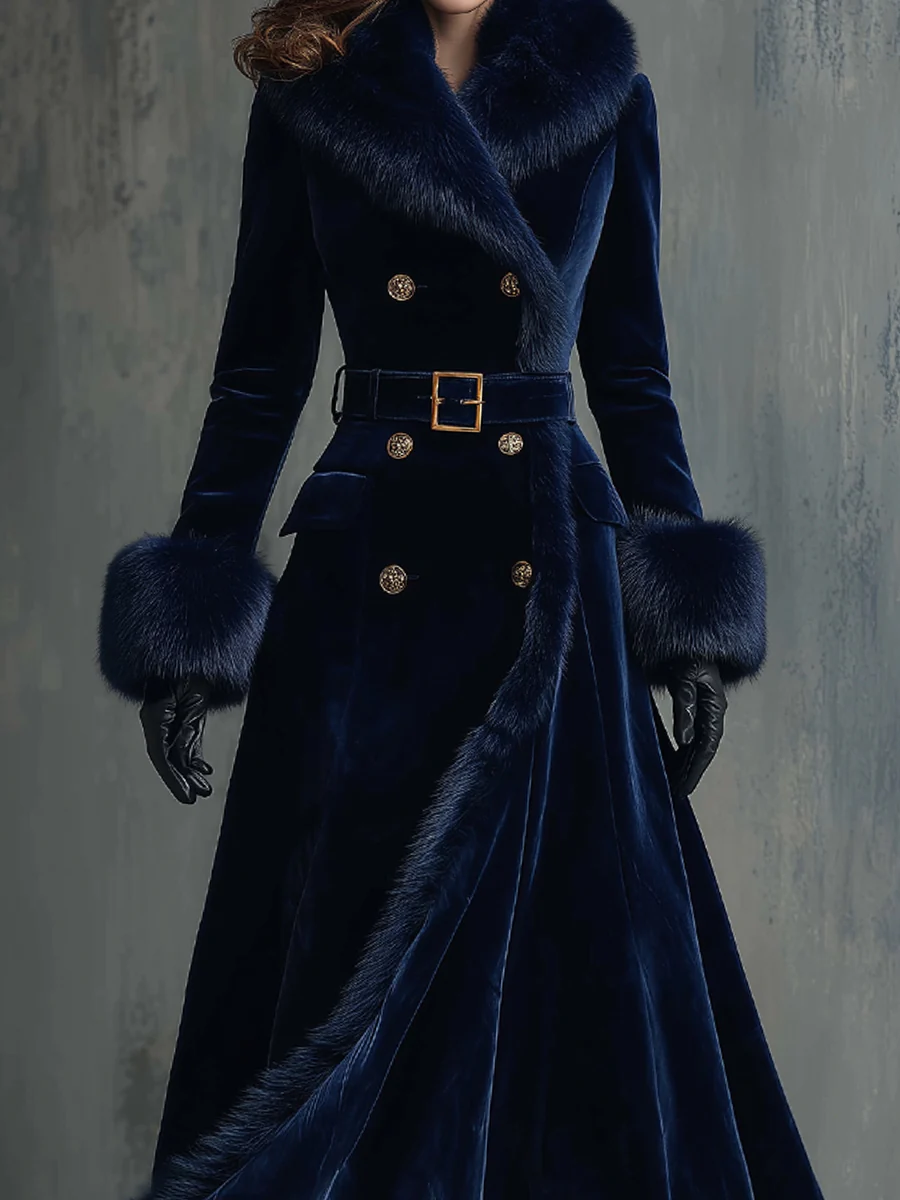 Elegant Mid-length Velvet Coat With Faux Fur Collar - Image 4