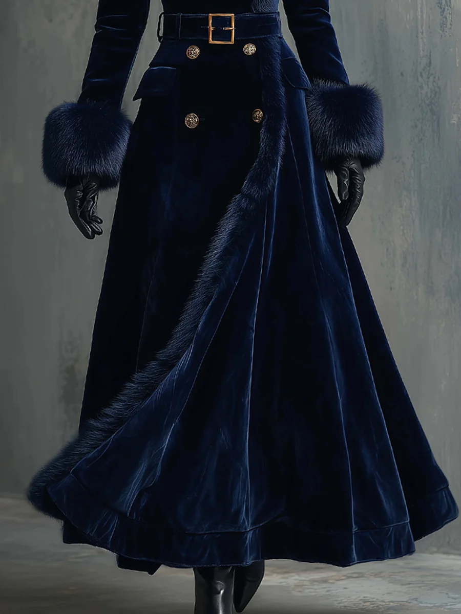Elegant Mid-length Velvet Coat With Faux Fur Collar - Image 5