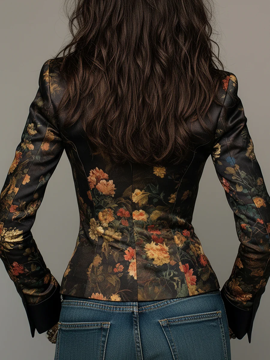 Elegant Oil Painting-style Floral Print Fitted Satin Blazer - Image 3