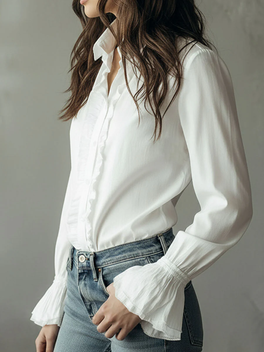 Elegant Ruffled Button-Down Long Sleeve Shirt With Flared Cuffs - Image 3